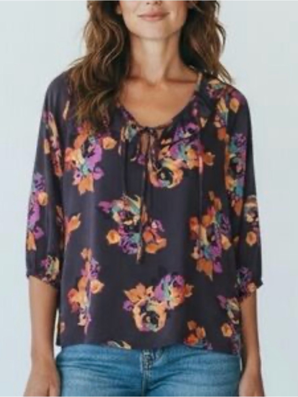 Apostrophe Navy Floral Ruffle Tie-Front Blouse
